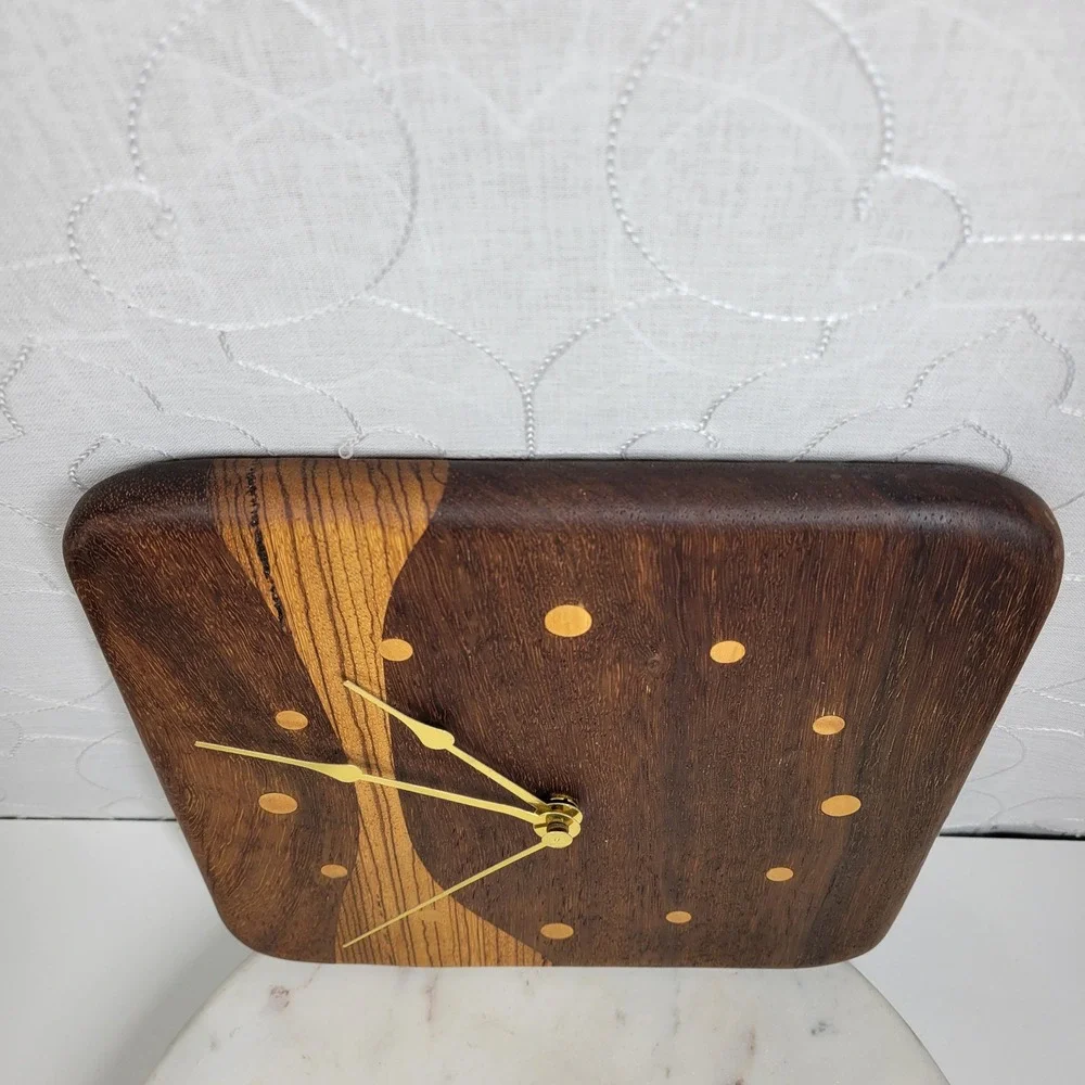 VTG Mixed Wood Wall Clock MCM Brass Hands Quartz Japan Studio Handmade Works